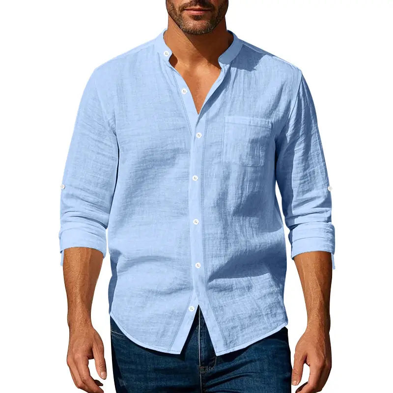 2025 Spring and Autumn Fashion Comfortable Commuting Linen Shirt Long Sleeve Stand Collar Breathable Casual Shirt for Men