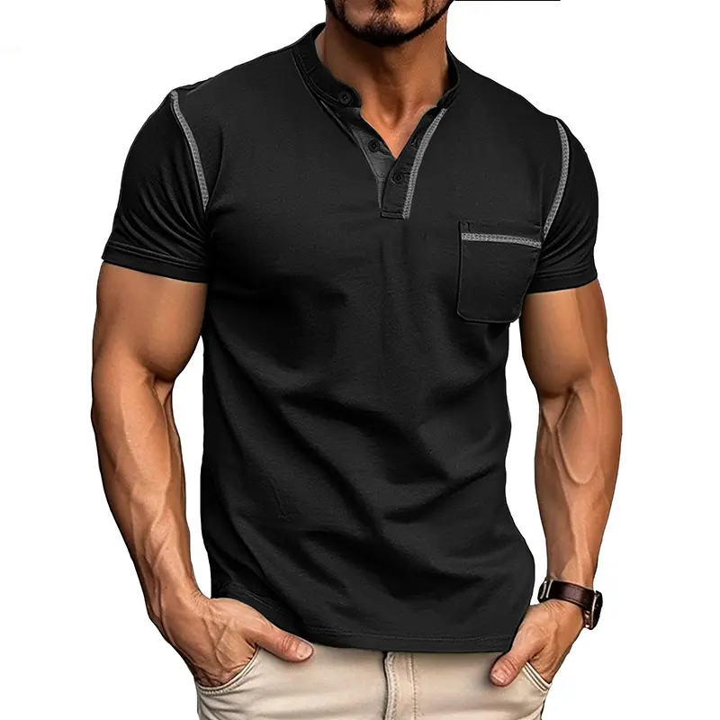 Summer Men's New European and American Plain Color Fashion Classic Pocket Vacation Outing Leisure Color Blocked T-shirt