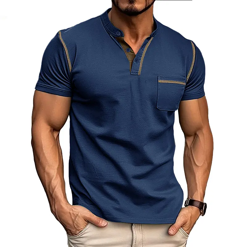 Summer Men's New European and American Plain Color Fashion Classic Pocket Vacation Outing Leisure Color Blocked T-shirt