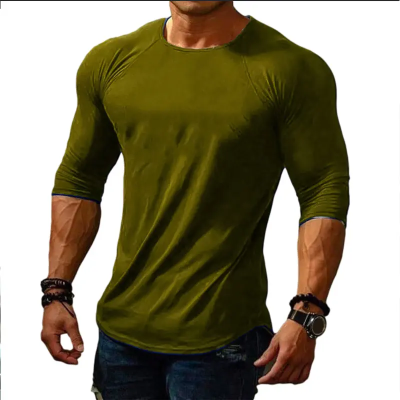 Spring and Autumn New Round Neck Long Sleeve Outdoor Sports Solid Color Men's T-shirt Slim Fit Elastic Soft Skin Friendly Tshirt