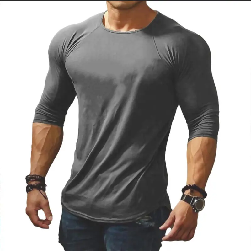 Spring and Autumn New Round Neck Long Sleeve Outdoor Sports Solid Color Men's T-shirt Slim Fit Elastic Soft Skin Friendly Tshirt