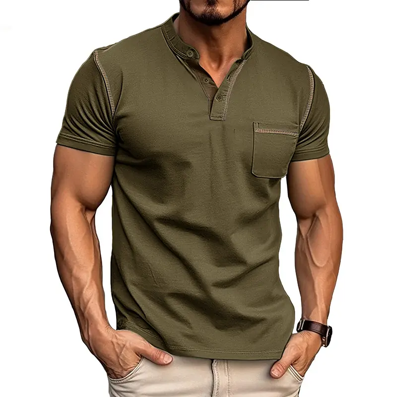 Summer Men's New European and American Plain Color Fashion Classic Pocket Vacation Outing Leisure Color Blocked T-shirt