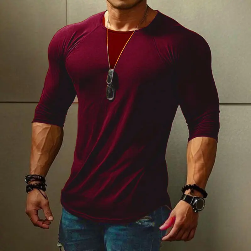 Spring and Autumn New Round Neck Long Sleeve Outdoor Sports Solid Color Men's T-shirt Slim Fit Elastic Soft Skin Friendly Tshirt