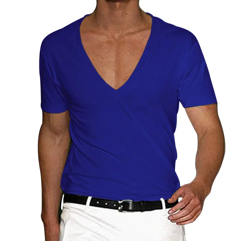 2025 New European and American Men's Short Sleeved V-neck Slim Fit Fashionable Solid Color Plus Size Casual T-shirt