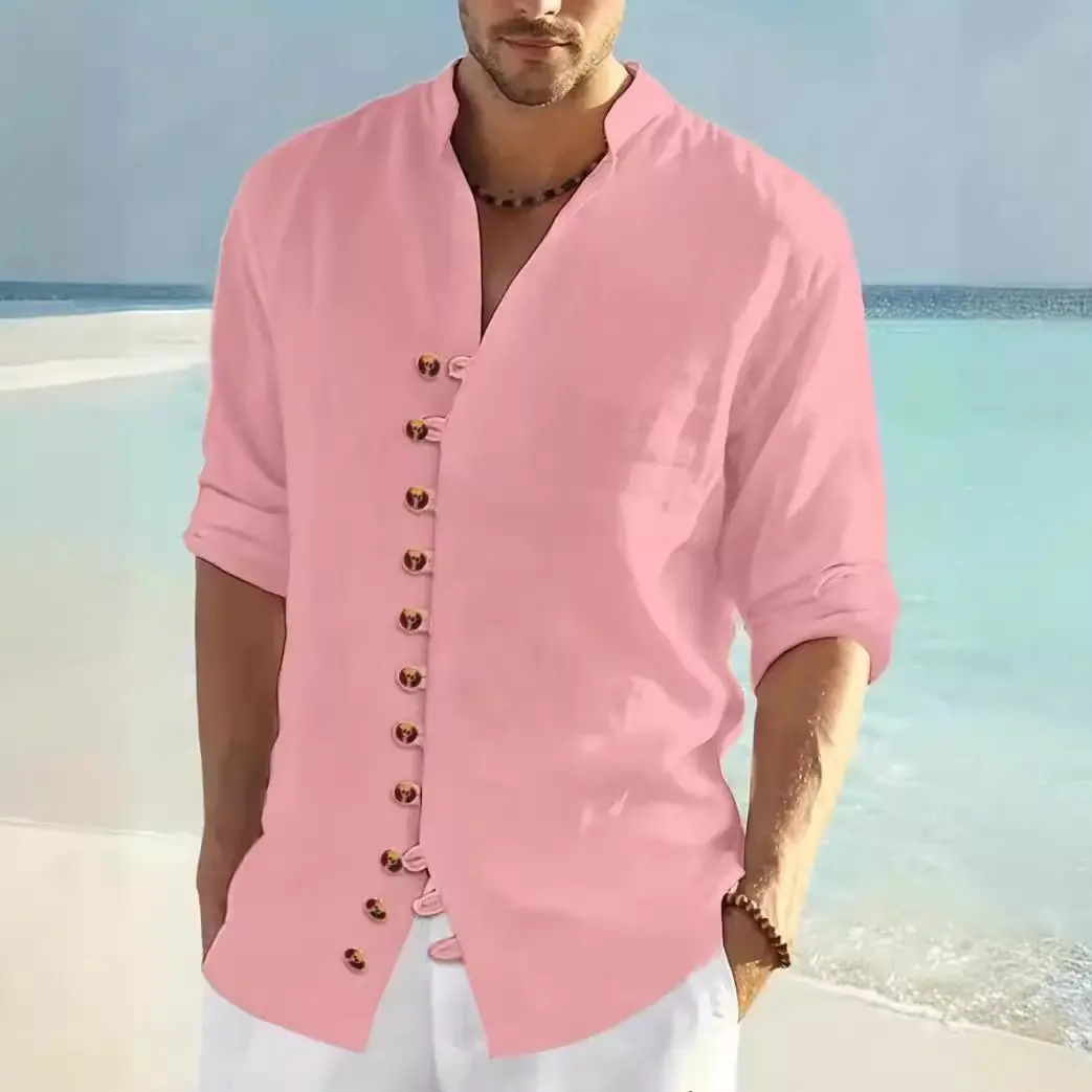 Spring and Autumn New Men's Stand Up Collar Long Sleeve Button Open Shirt Cotton Breathable Business Casual Two Wear