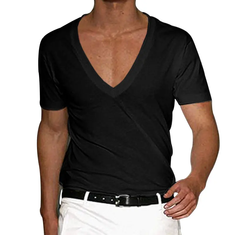 2025 New European and American Men's Short Sleeved V-neck Slim Fit Fashionable Solid Color Plus Size Casual T-shirt