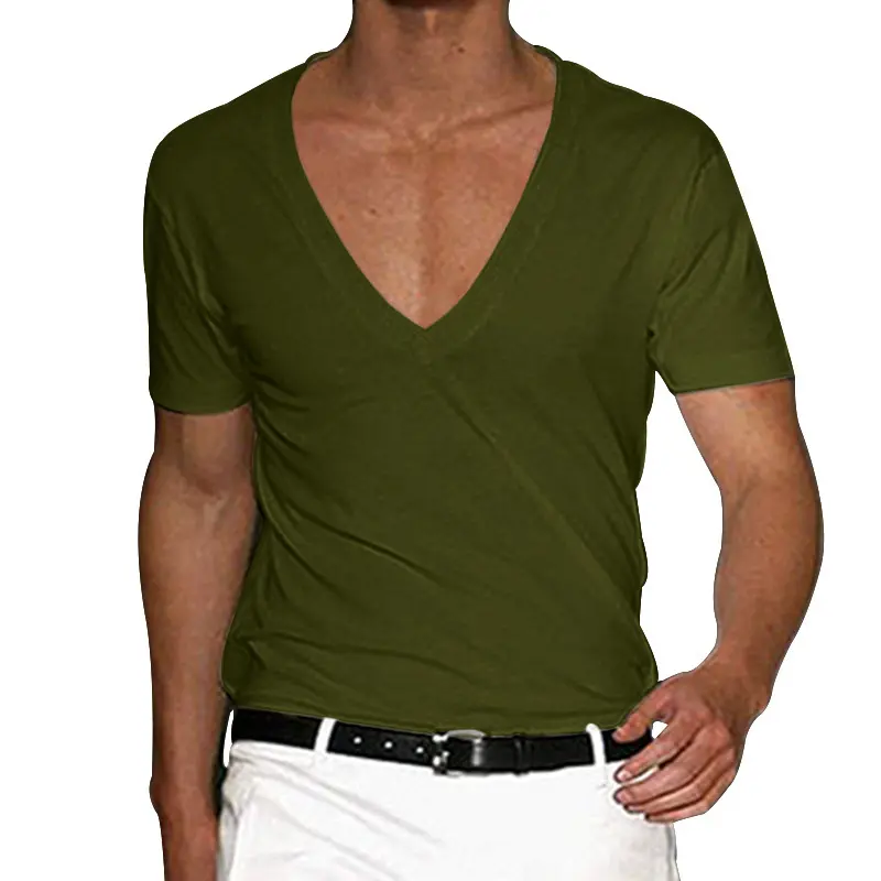 2025 New European and American Men's Short Sleeved V-neck Slim Fit Fashionable Solid Color Plus Size Casual T-shirt