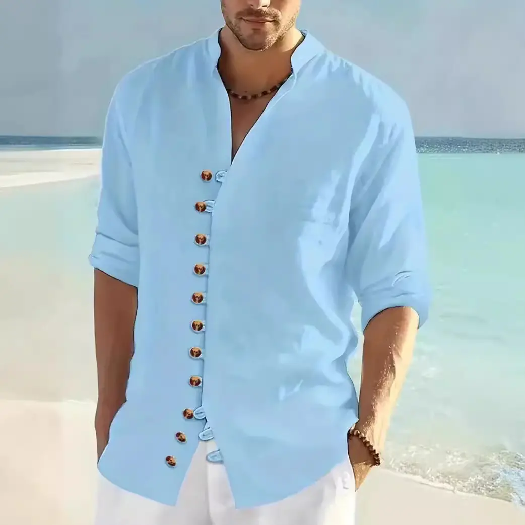 Spring and Autumn New Men's Stand Up Collar Long Sleeve Button Open Shirt Cotton Breathable Business Casual Two Wear
