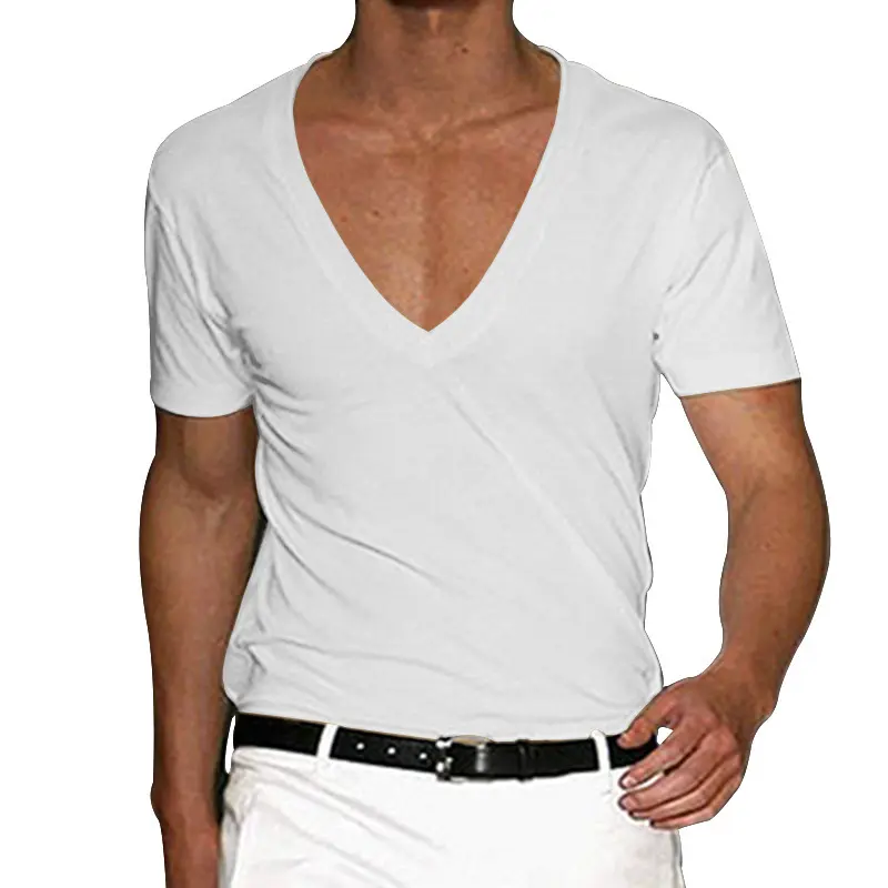 2025 New European and American Men's Short Sleeved V-neck Slim Fit Fashionable Solid Color Plus Size Casual T-shirt