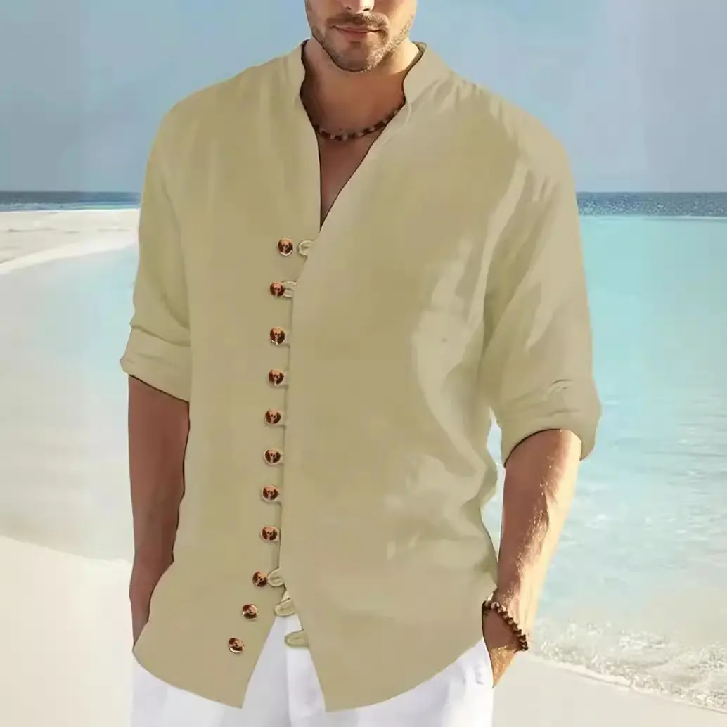 Spring and Autumn New Men's Stand Up Collar Long Sleeve Button Open Shirt Cotton Breathable Business Casual Two Wear