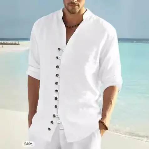 Spring and Autumn New Men's Stand Up Collar Long Sleeve Button Open Shirt Cotton Breathable Business Casual Two Wear