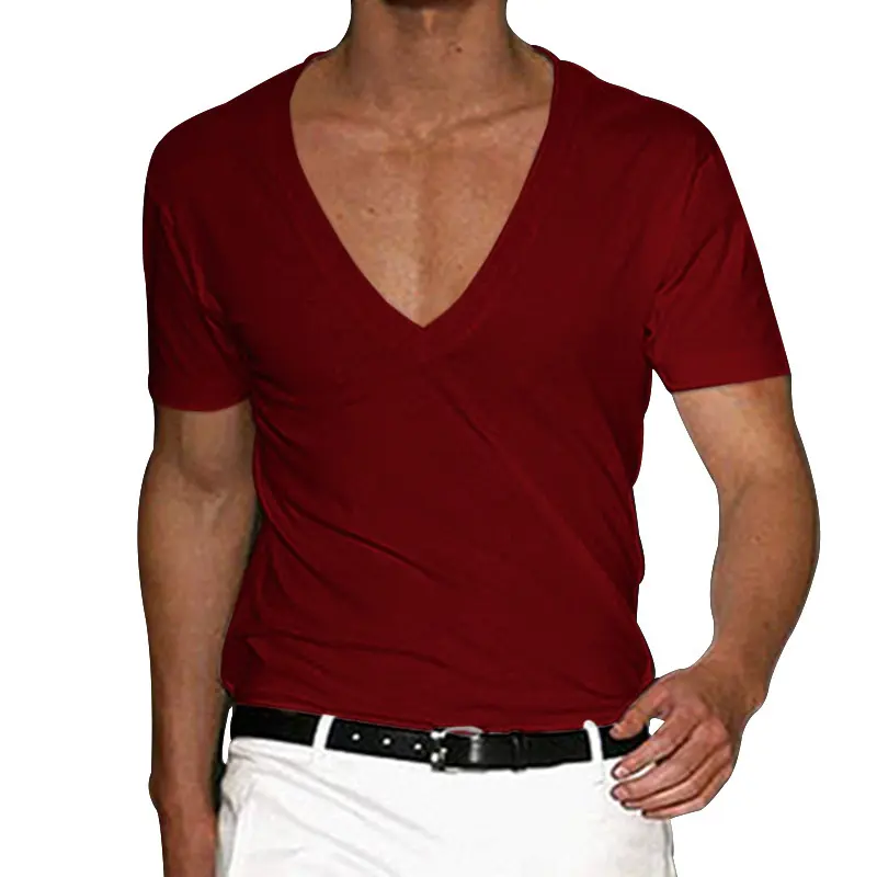 2025 New European and American Men's Short Sleeved V-neck Slim Fit Fashionable Solid Color Plus Size Casual T-shirt