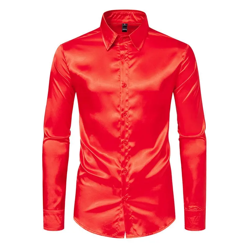 Spring and Autumn Men's Satin Fashion Shirt Casual Comfortable Solid Color Bright Face Trendy Long Sleeve Collar Shirt