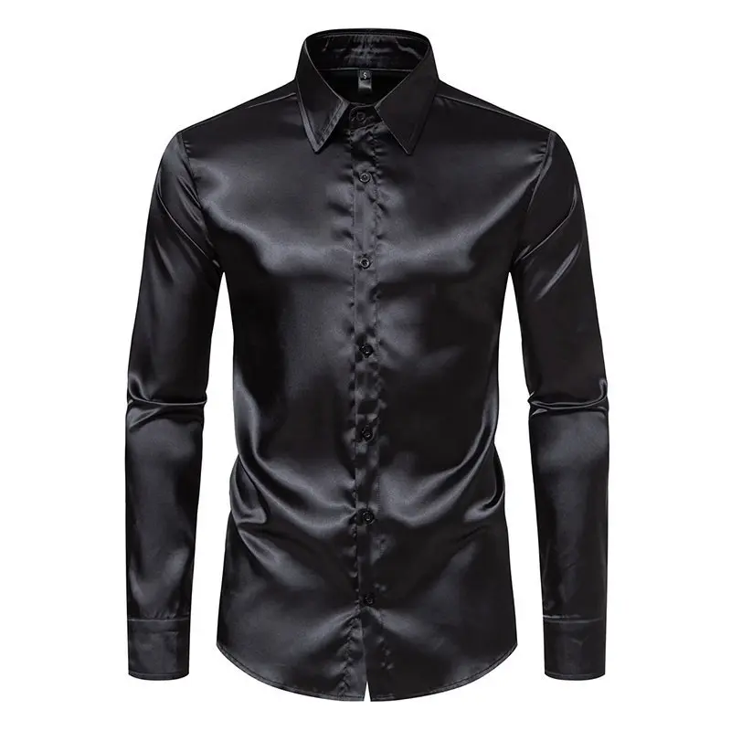 Spring and Autumn Men's Satin Fashion Shirt Casual Comfortable Solid Color Bright Face Trendy Long Sleeve Collar Shirt