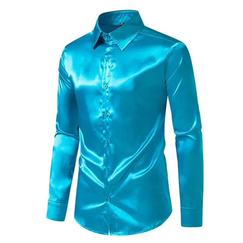Spring and Autumn Men's Satin Fashion Shirt Casual Comfortable Solid Color Bright Face Trendy Long Sleeve Collar Shirt