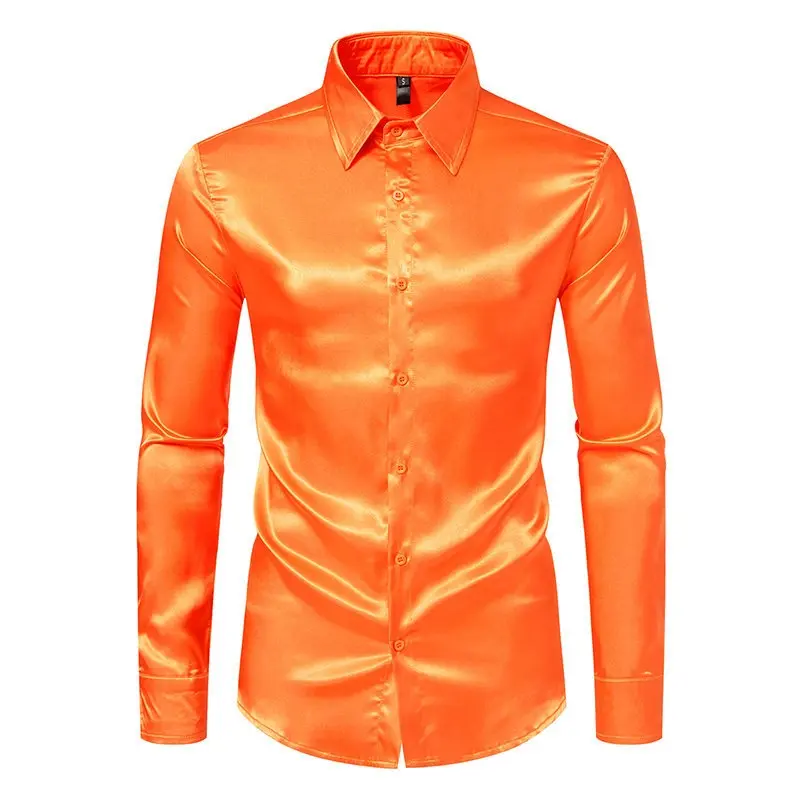 Spring and Autumn Men's Satin Fashion Shirt Casual Comfortable Solid Color Bright Face Trendy Long Sleeve Collar Shirt