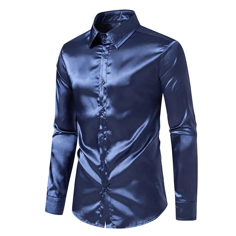 Spring and Autumn Men's Satin Fashion Shirt Casual Comfortable Solid Color Bright Face Trendy Long Sleeve Collar Shirt