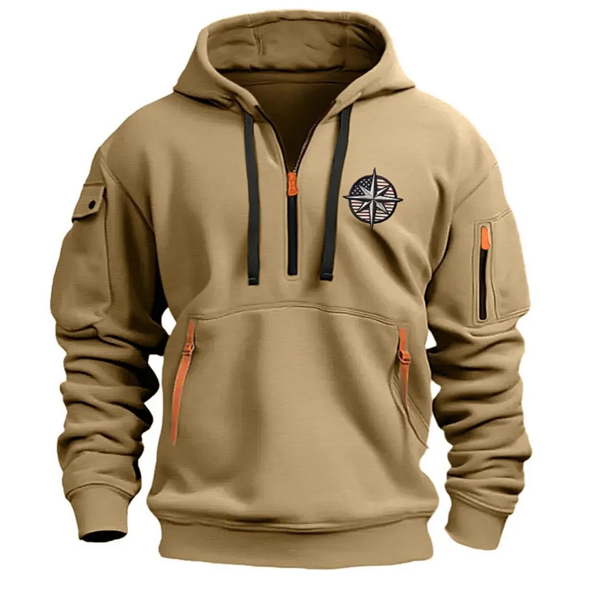 Men's Spring and Autumn Daily Leisure Sports Quarter Zipper Outdoor Holiday Street Cool Flat Pocket Sports Hoodie