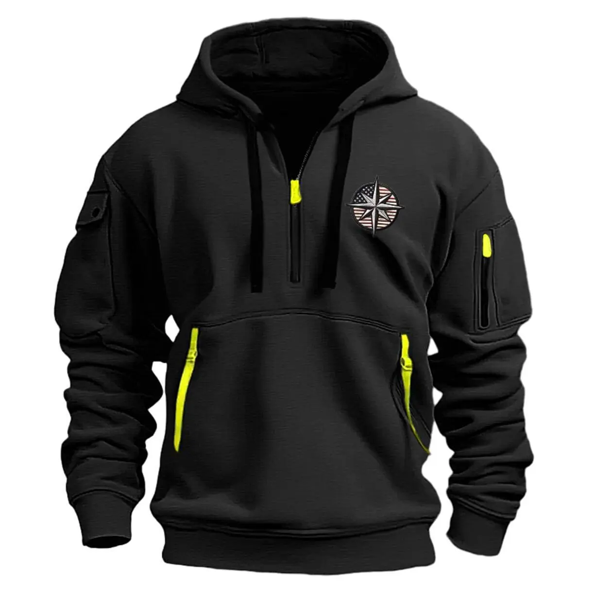 Men's Spring and Autumn Daily Leisure Sports Quarter Zipper Outdoor Holiday Street Cool Flat Pocket Sports Hoodie