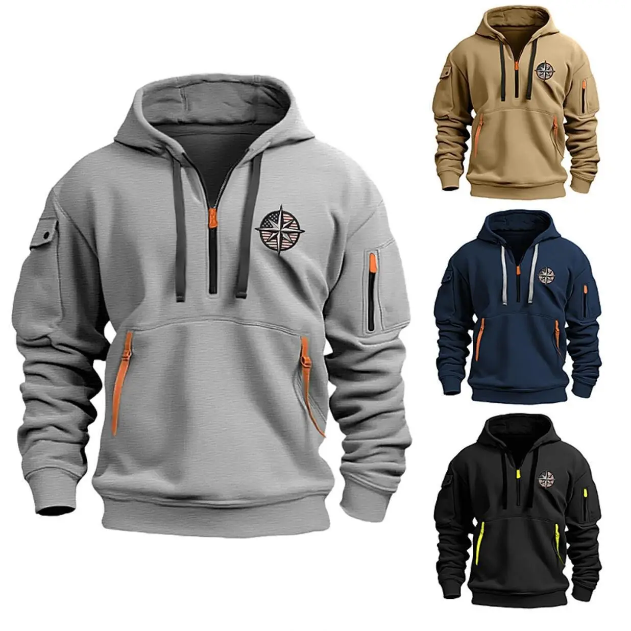 Men's Spring and Autumn Daily Leisure Sports Quarter Zipper Outdoor Holiday Street Cool Flat Pocket Sports Hoodie