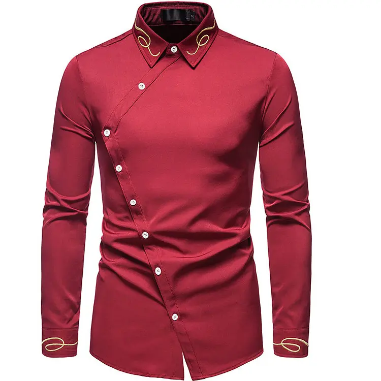 New Fashionable Men's Unique Asymmetric Embroidered Long Sleeve Large Size Shirt Stand Up Collar Button Dress Daily
