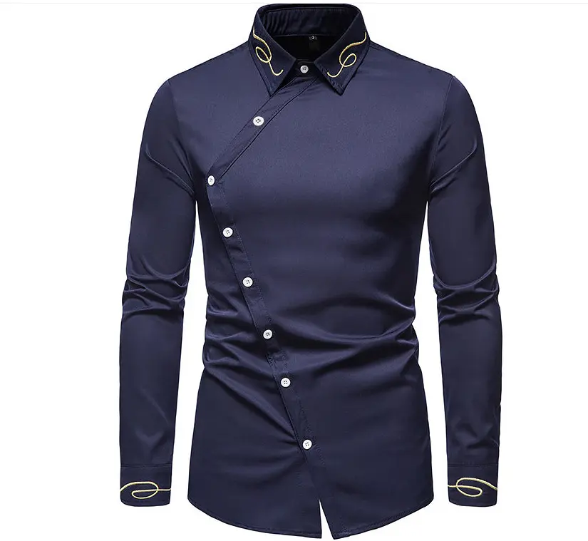 New Fashionable Men's Unique Asymmetric Embroidered Long Sleeve Large Size Shirt Stand Up Collar Button Dress Daily