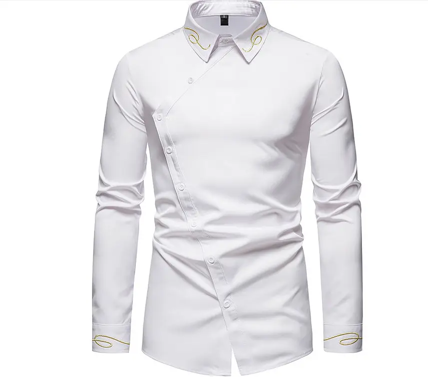 New Fashionable Men's Unique Asymmetric Embroidered Long Sleeve Large Size Shirt Stand Up Collar Button Dress Daily