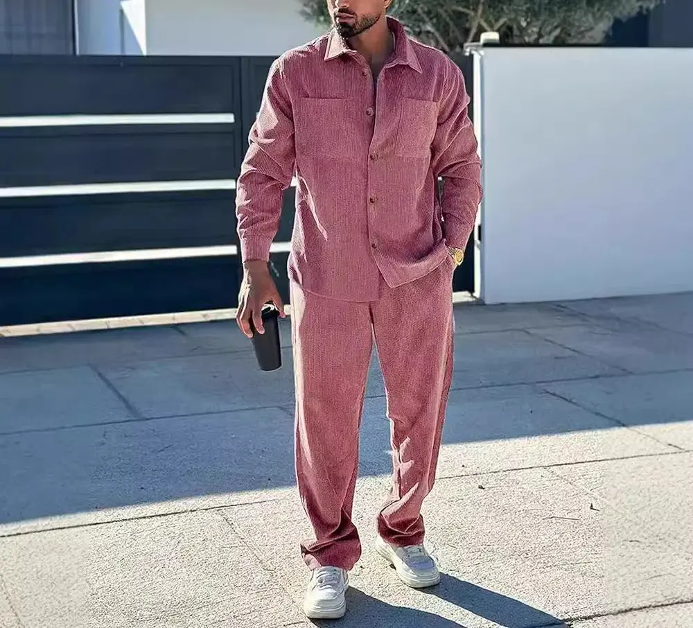 New European and American Men's Suit with Collar Multiple Pockets Long Sleeved Pants Daily Outdoor Sports and Leisure Suit
