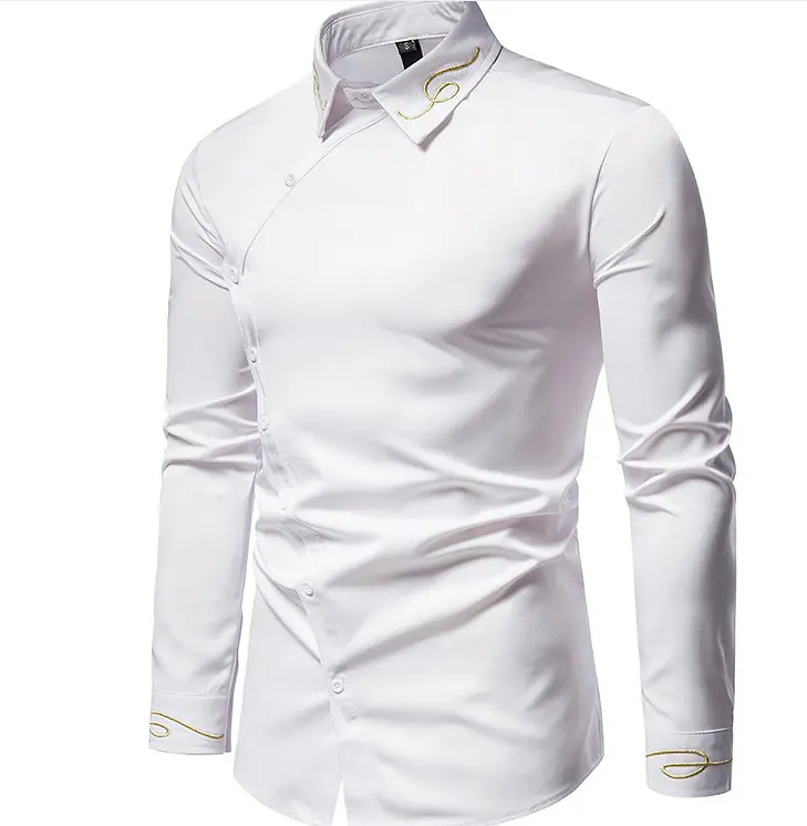 New Fashionable Men's Unique Asymmetric Embroidered Long Sleeve Large Size Shirt Stand Up Collar Button Dress Daily
