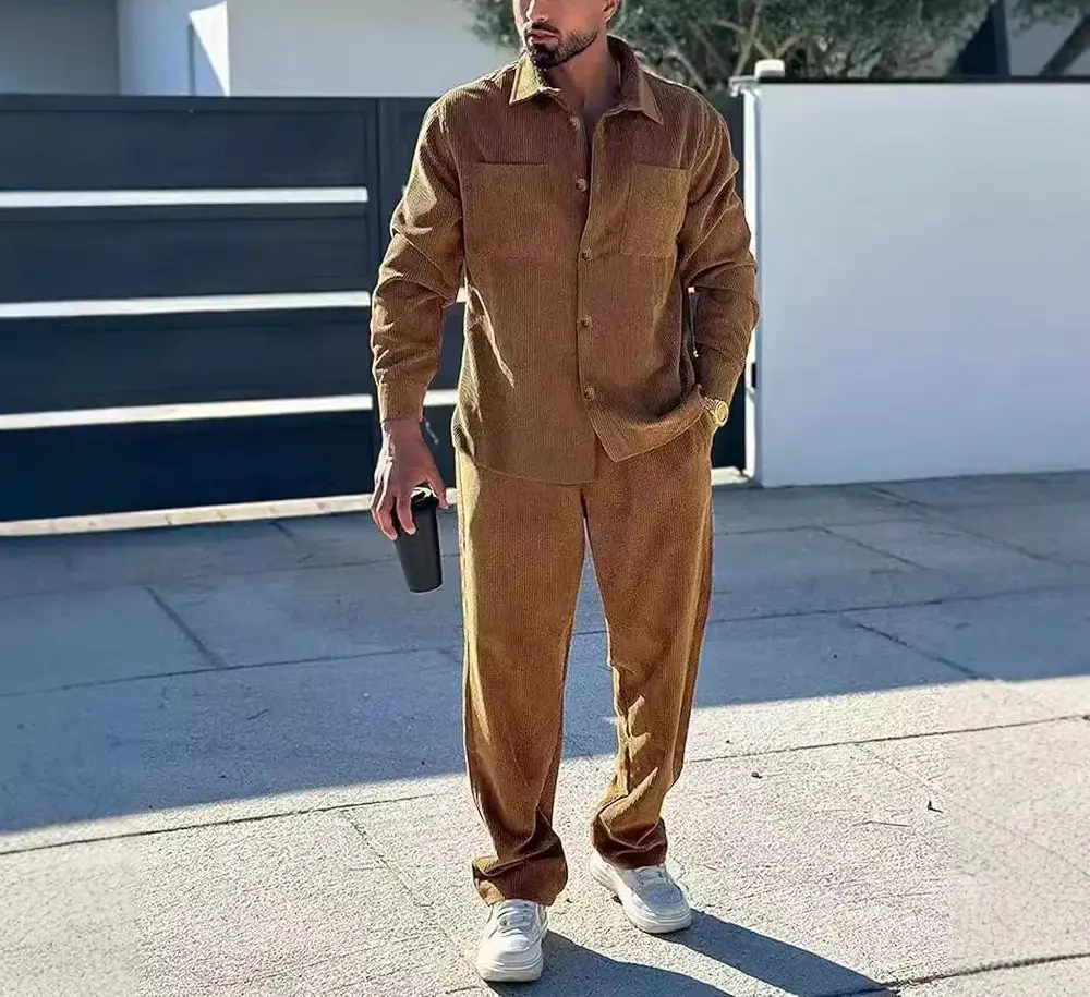 New European and American Men's Suit with Collar Multiple Pockets Long Sleeved Pants Daily Outdoor Sports and Leisure Suit