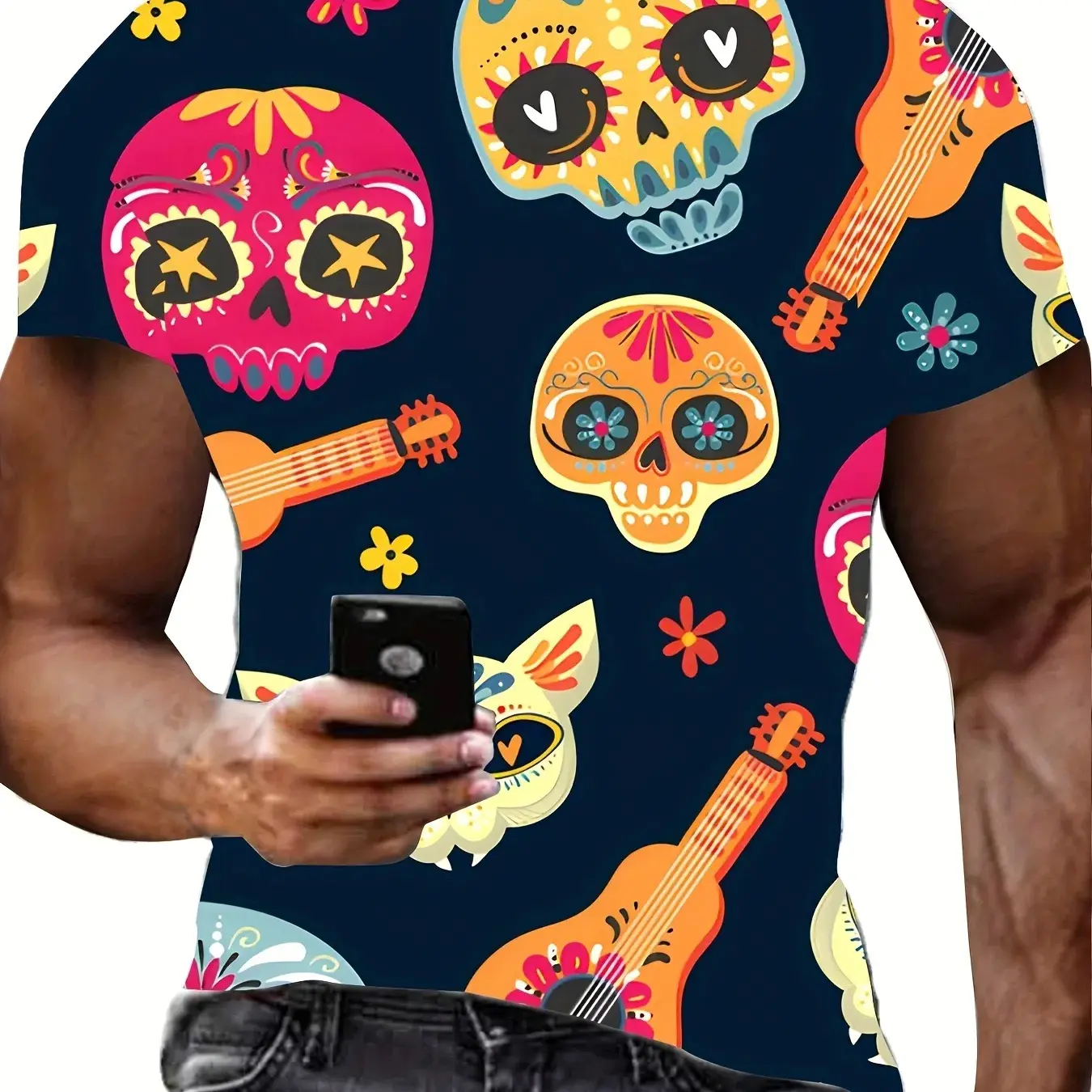 Men's Mexico Funny Skeleton Guitar T-shirt Independence Day Day Day Day of the Dead Men's and Women's Casual Loose T-shirt