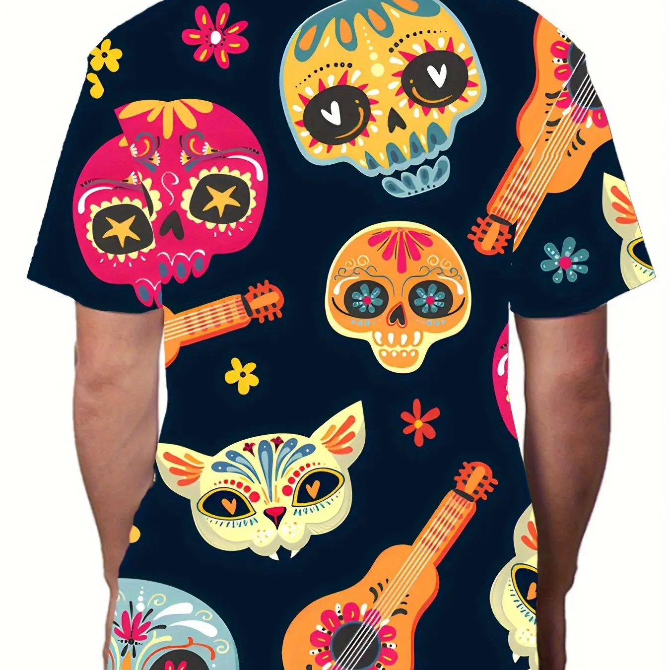 Men's Mexico Funny Skeleton Guitar T-shirt Independence Day Day Day Day of the Dead Men's and Women's Casual Loose T-shirt