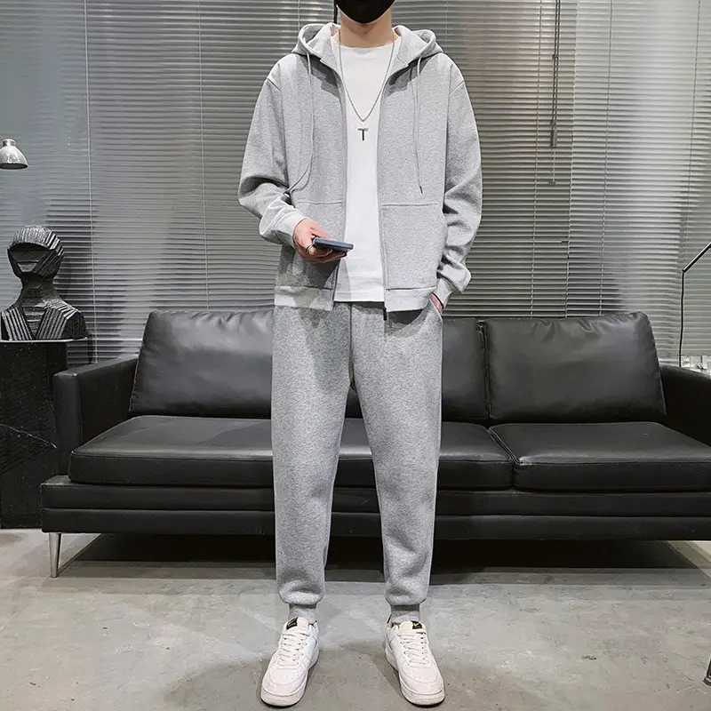 New Trendy Men's Suit Hooded Sweatshirt with Fleece, Long Sleeved Cardigan Jacket, Ankle Tied Sweatpants, Casual Sports Suit