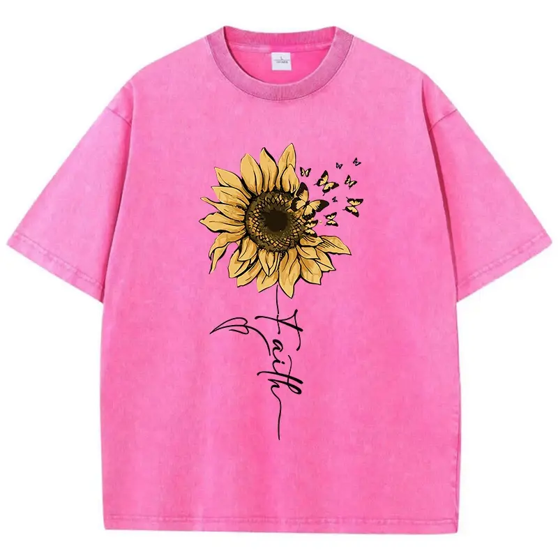 Sunflower And Butterfly Cotton Washed T-Shirt Women Prints Tops Summer O-Neck Oversized T Shirts Vintage Black Men Clothes