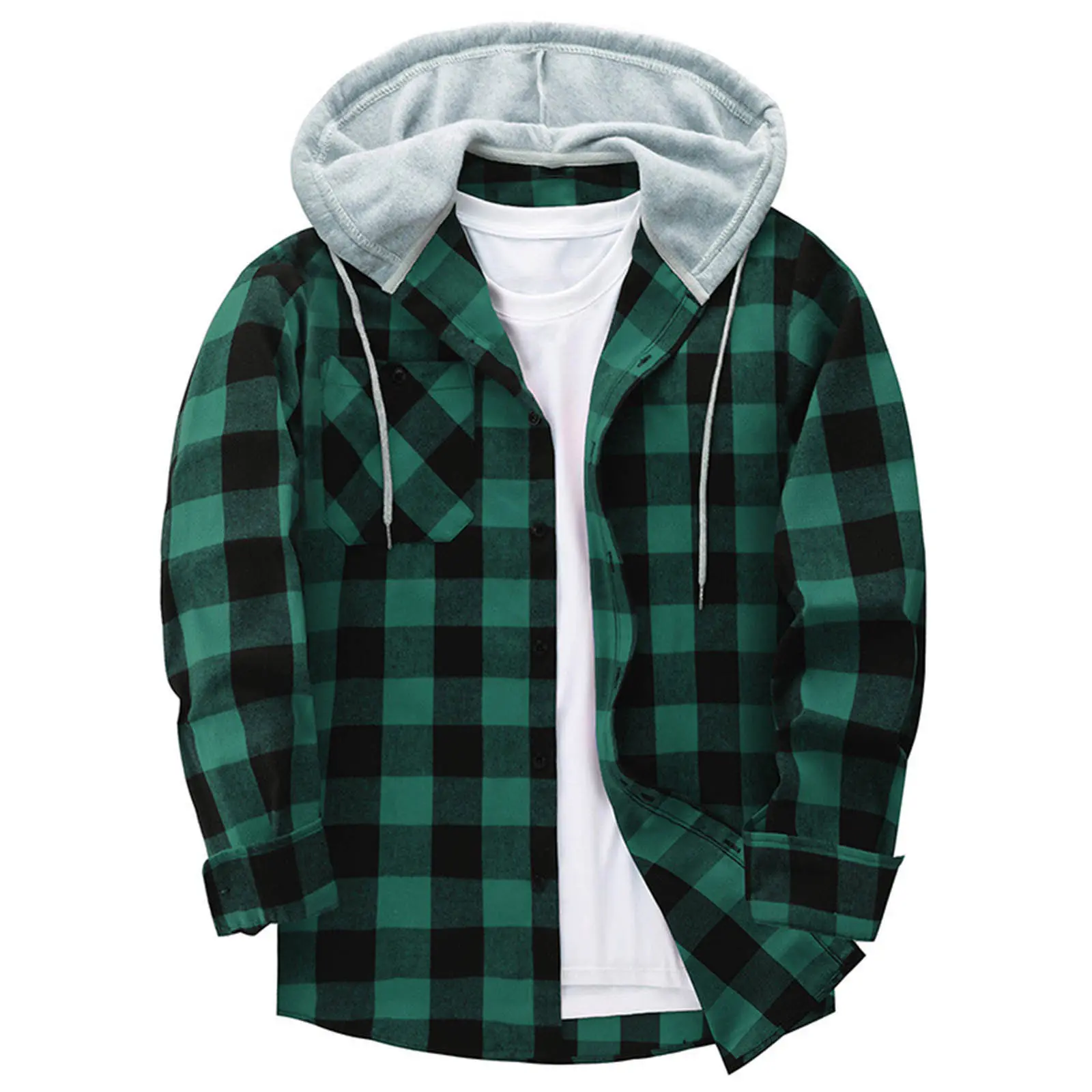 Fashionable New Men's Hooded Checkered Shirt Men's Trendy British Top Men's Casual Loose Four Season Coat