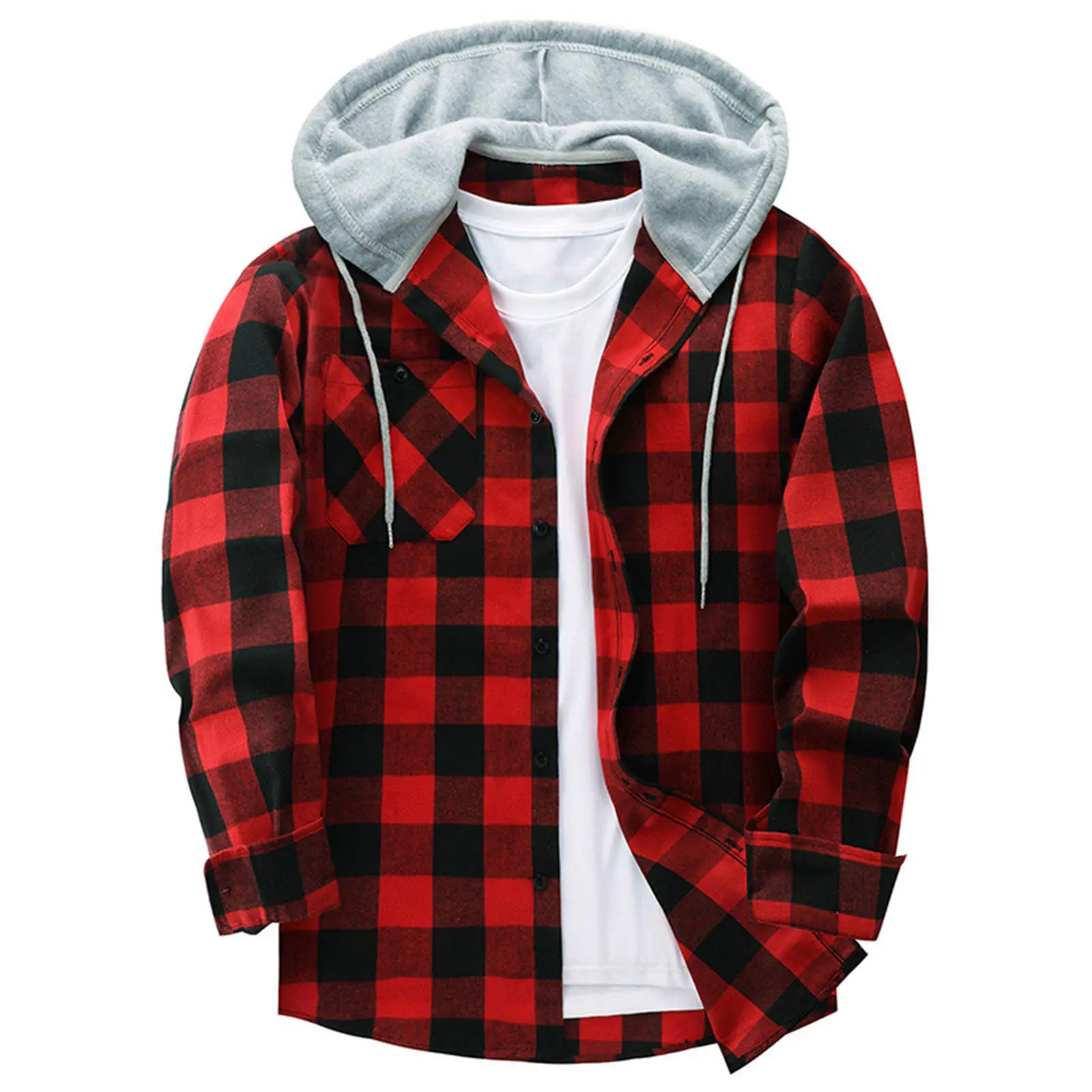 Fashionable New Men's Hooded Checkered Shirt Men's Trendy British Top Men's Casual Loose Four Season Coat