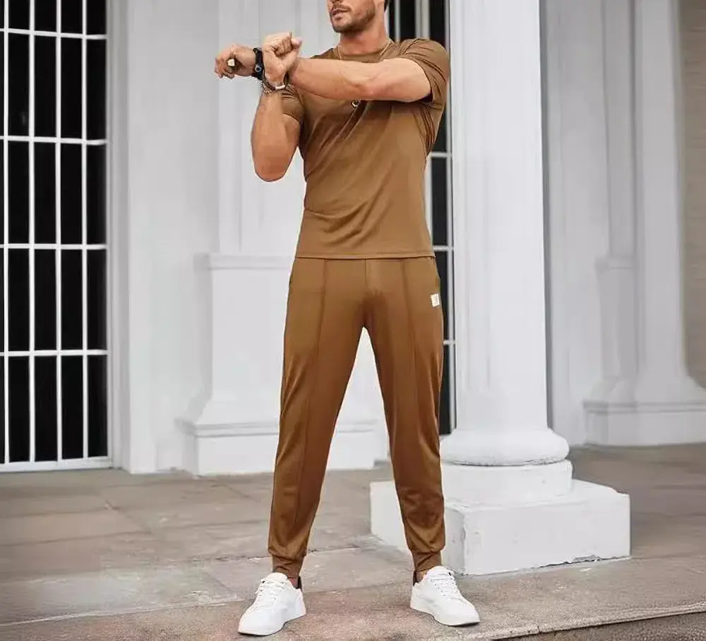 Summer New Sports Suit Men's Trendy Solid Color Two-piece Set Round Neck Slim Fit T-shirt Daily Outdoor Men's Sports Suit