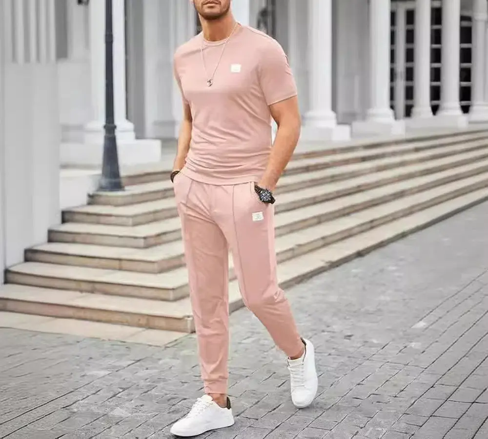 Summer New Sports Suit Men's Trendy Solid Color Two-piece Set Round Neck Slim Fit T-shirt Daily Outdoor Men's Sports Suit