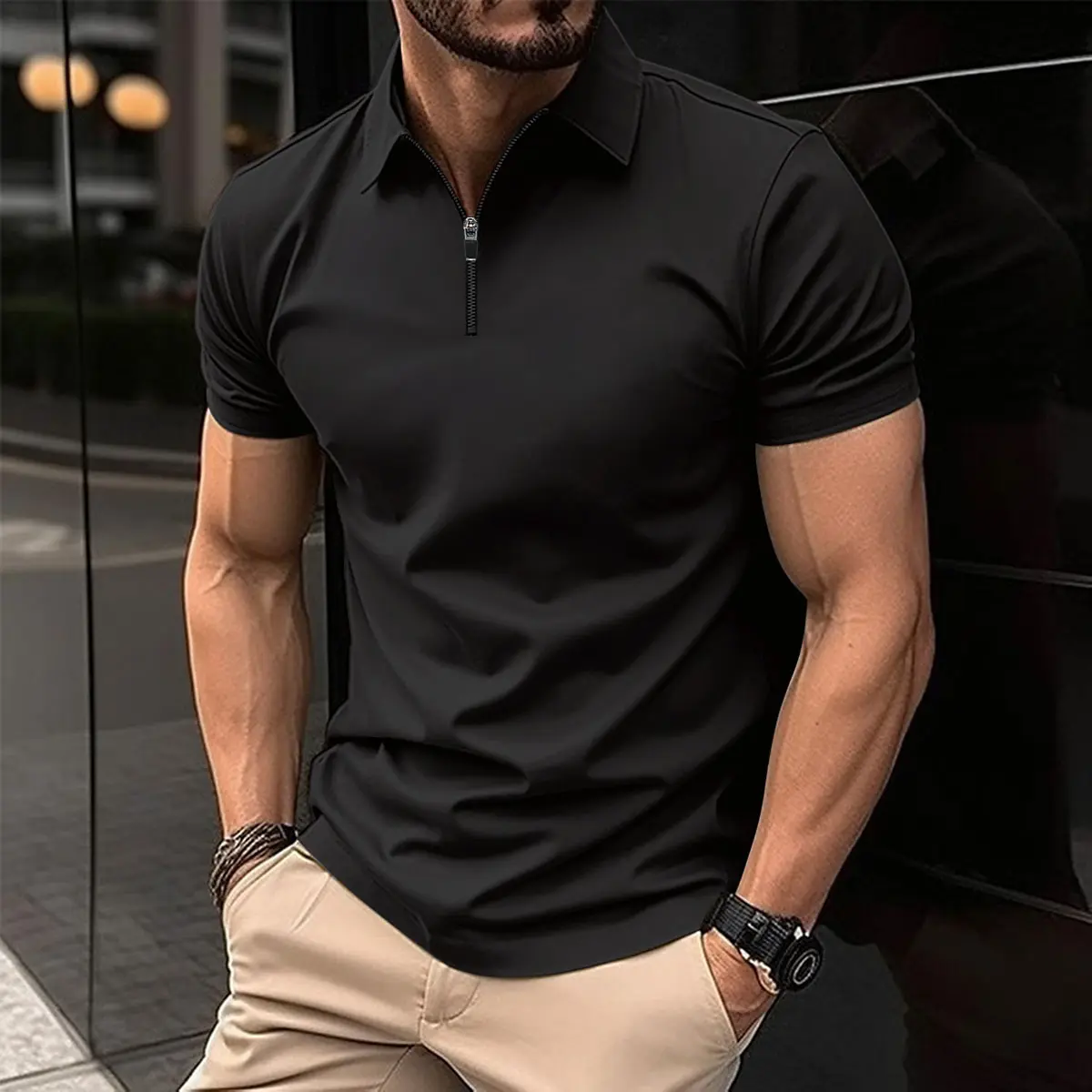 New Summer Men's Polo Zipper Solid Color Outdoor Sports Polo Shirt Daily Outing Large Short Sleeve T-shirt