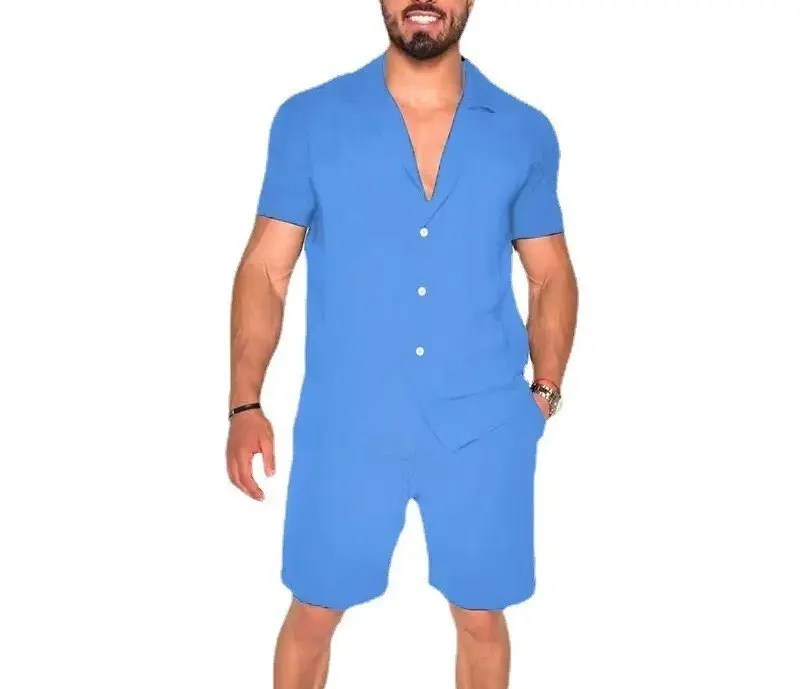 Summer New Men's Collar Solid Color Short Sleeved Shorts Two-piece Set Beach Outdoor Daily Loose Plus Size Set