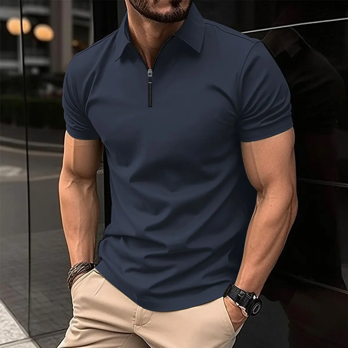 New Summer Men's Polo Zipper Solid Color Outdoor Sports Polo Shirt Daily Outing Large Short Sleeve T-shirt