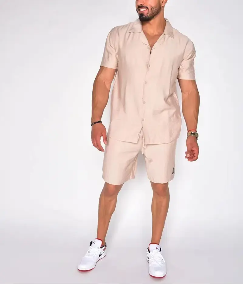 Summer New Men's Collar Solid Color Short Sleeved Shorts Two-piece Set Beach Outdoor Daily Loose Plus Size Set