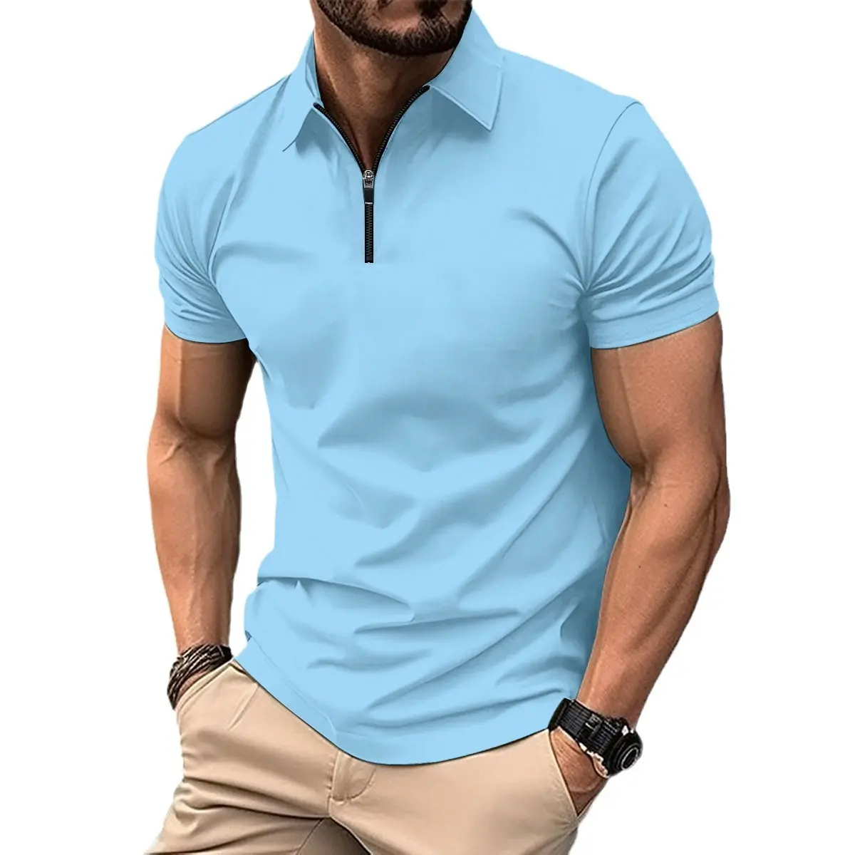 New Summer Men's Polo Zipper Solid Color Outdoor Sports Polo Shirt Daily Outing Large Short Sleeve T-shirt