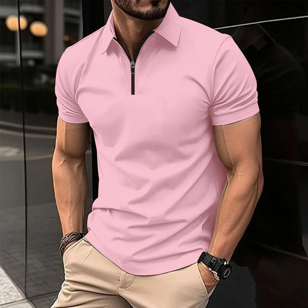 New Summer Men's Polo Zipper Solid Color Outdoor Sports Polo Shirt Daily Outing Large Short Sleeve T-shirt