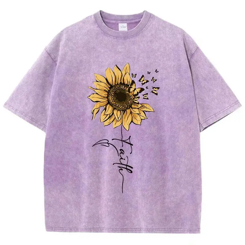 Sunflower And Butterfly Cotton Washed T-Shirt Women Prints Tops Summer O-Neck Oversized T Shirts Vintage Black Men Clothes