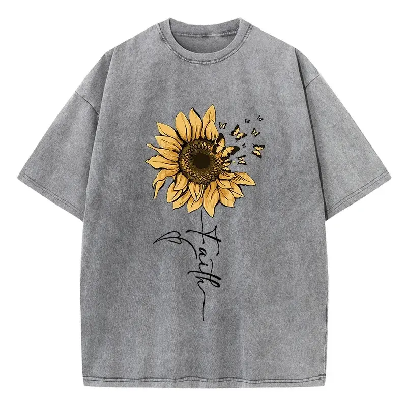 Sunflower And Butterfly Cotton Washed T-Shirt Women Prints Tops Summer O-Neck Oversized T Shirts Vintage Black Men Clothes