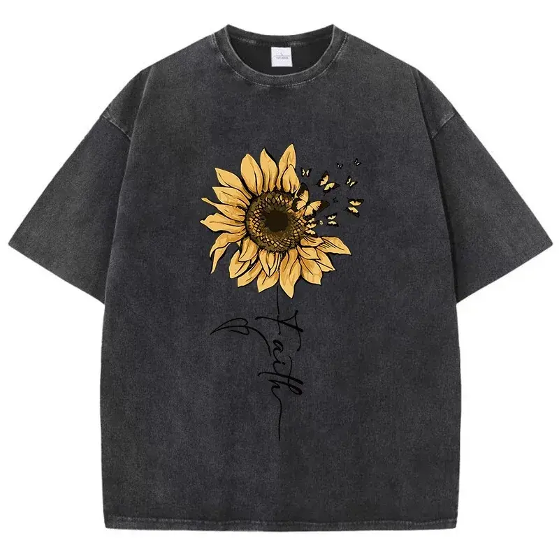 Sunflower And Butterfly Cotton Washed T-Shirt Women Prints Tops Summer O-Neck Oversized T Shirts Vintage Black Men Clothes