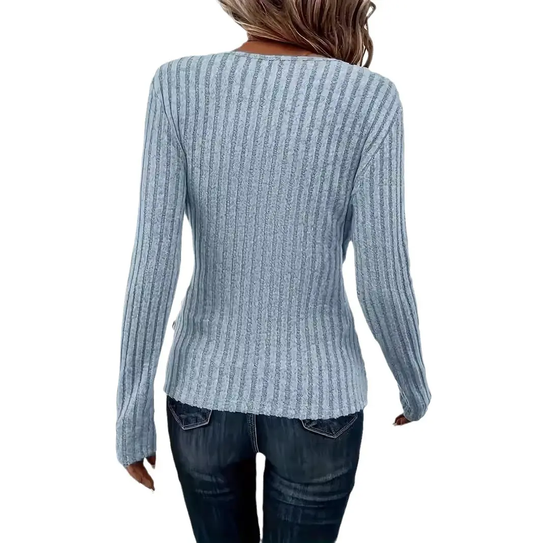 Spring and Autumn New Style European and American Elegant Style Daily Outing Solid Color V-neck Large Casual Long Sleeve Top