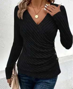 Spring and Autumn New Style European and American Elegant Style Daily Outing Solid Color V-neck Large Casual Long Sleeve Top