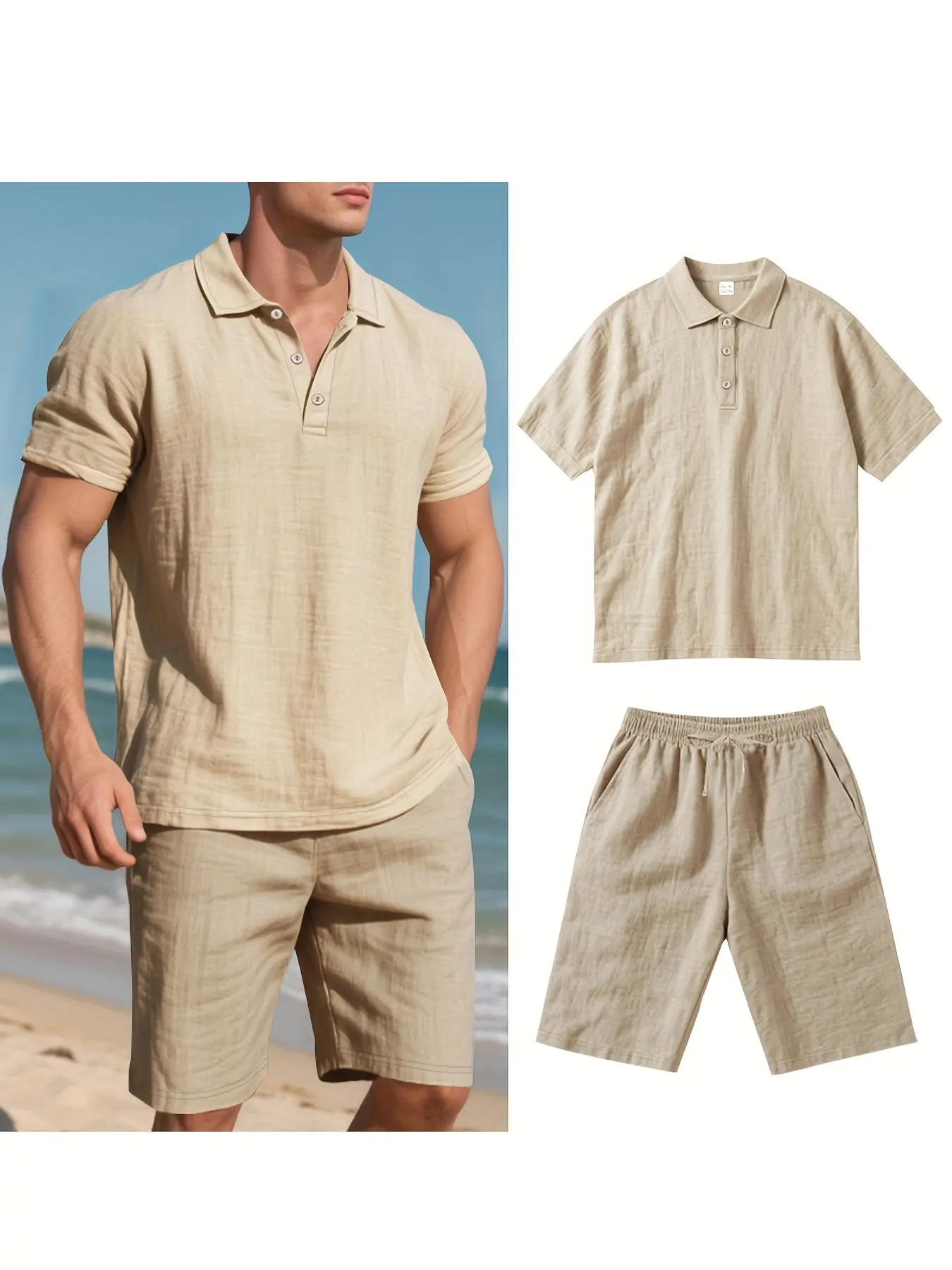 Cool Summer Men's Linen Shirt & Shorts Set Comfortable Casual Outing Simple Beach Vacation Style Solid Color Linen